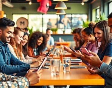 People engaging with devices in a lively cafe.