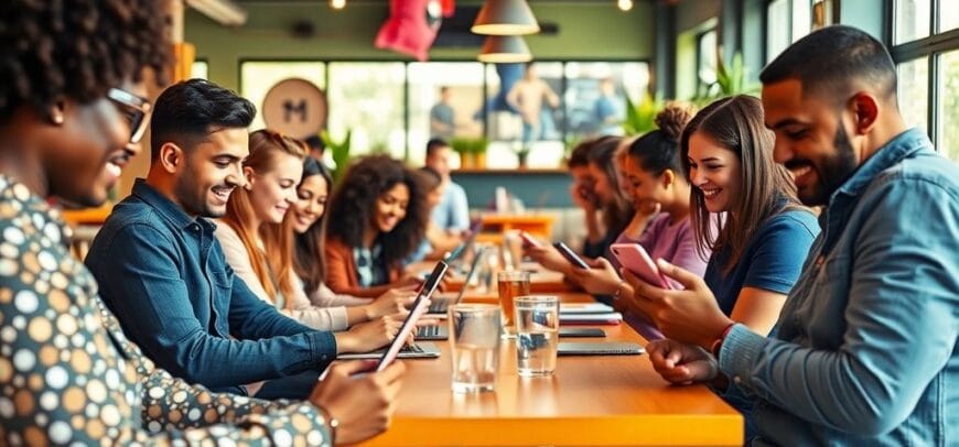 People engaging with devices in a lively cafe.